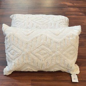 2 Boho Hand Woven White Pillows 14" x 22"